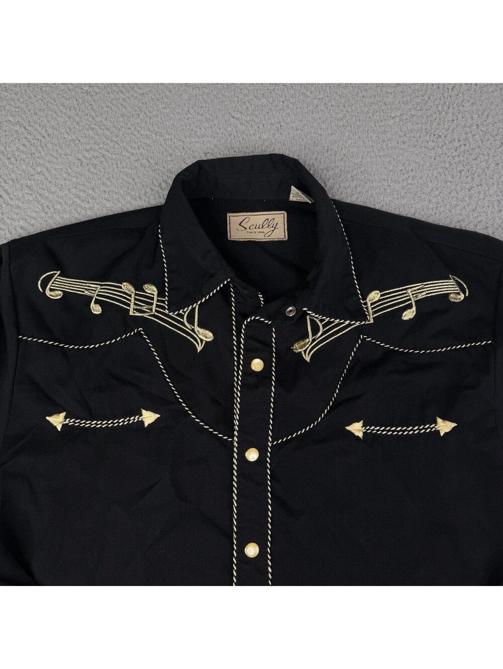 Scully Western Shirt Mens Size Small Black Pearl Snap Embroidered Musical Notes - Picture 2 of 9